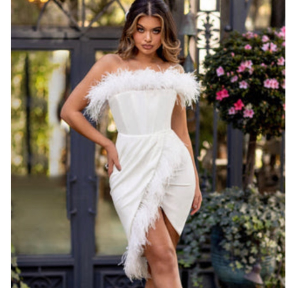 Club London- white bandeau feather corset midi dress w/ feather trim